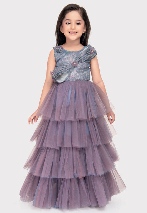 Embellished Net Gown in Dusty Blue and Purple