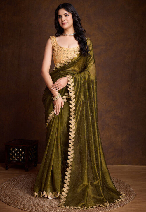 Embellished Net Saree in Olive Green