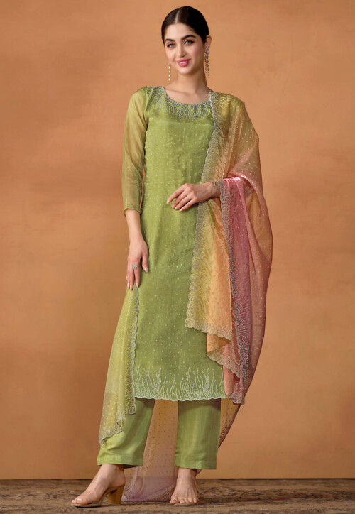Embellished Organza Pakistani Suit in Light Green