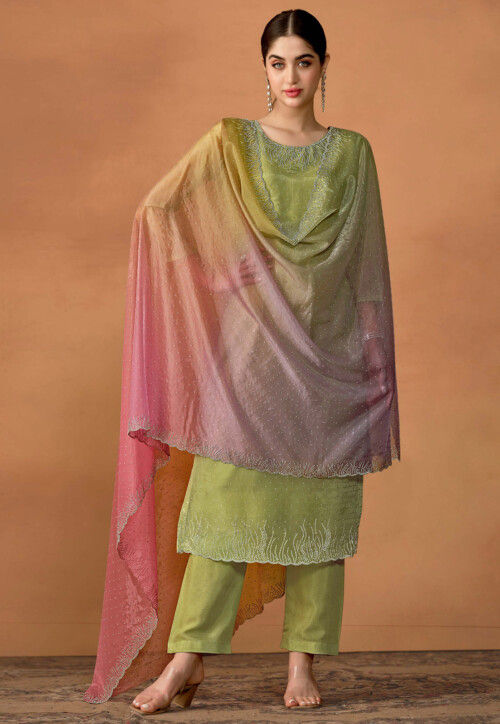 Embellished Organza Pakistani Suit in Light Green