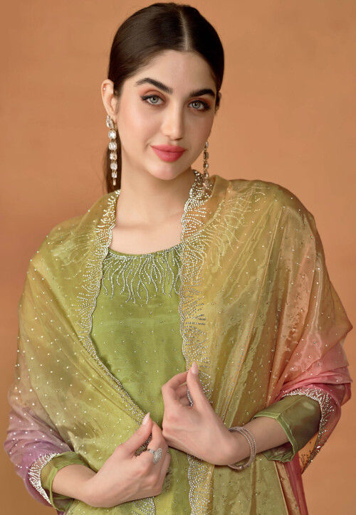 Embellished Organza Pakistani Suit in Light Green
