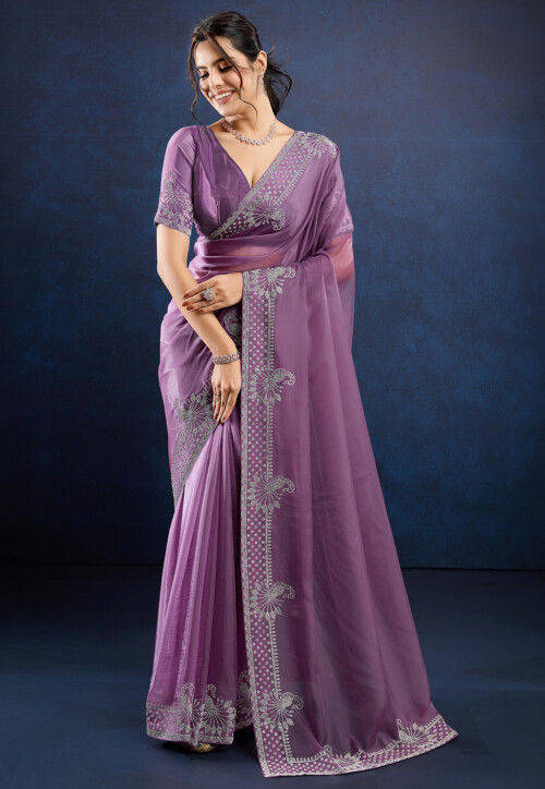 Embellished Organza Saree in Purple