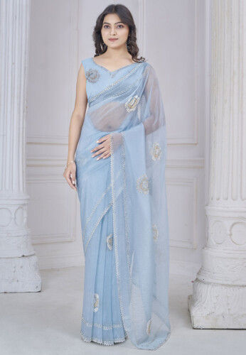 Embellished Organza Scalloped Saree in Light Blue