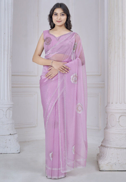 Embellished Organza Scalloped Saree in Purple
