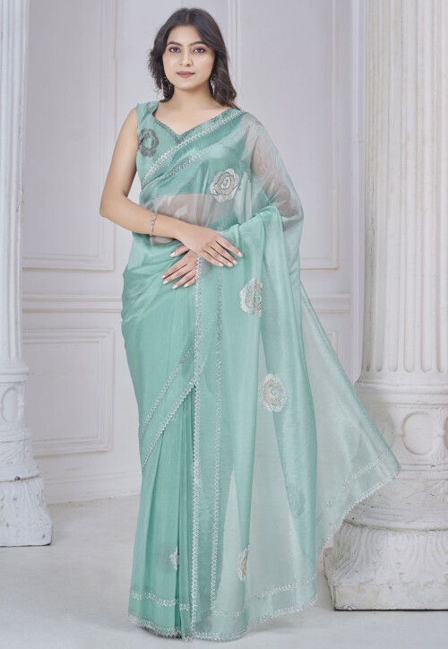 Embellished Organza Scalloped Saree in Sea Green