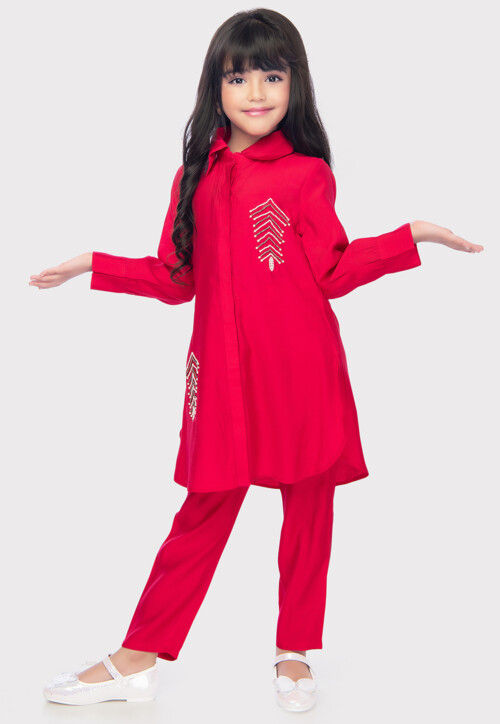 Embellished Polyester Co Ord Set in Dark Pink