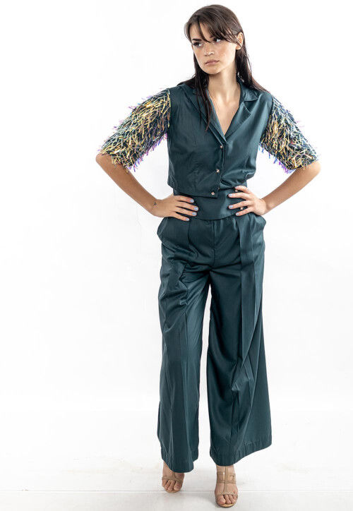 Embellished Pure Cotton Co Ord Set in Dark Green