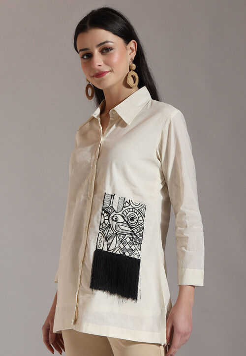 Embellished Pure Cotton Shirt in Cream