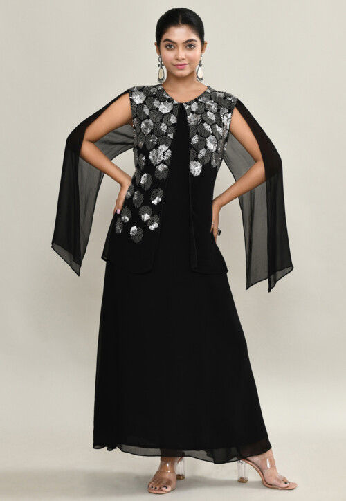 Embellished Pure Georgette Maxi Dress in Black