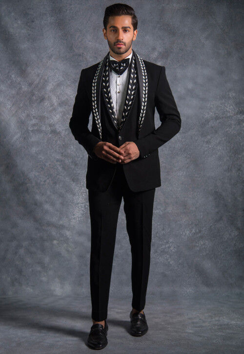 Embellished Pure Terry Rayon Tuxedo Set in Black