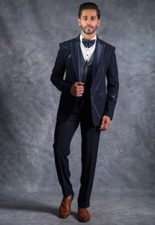 Embellished Pure Terry Rayon Tuxedo Set in Dark Blue