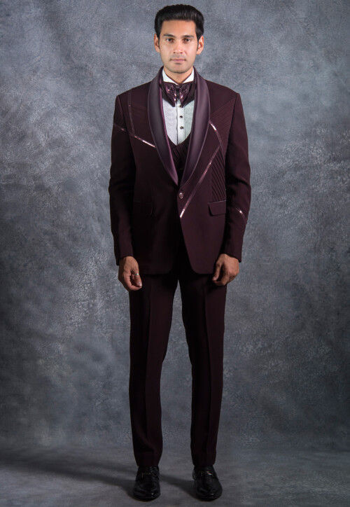 Embellished Pure Terry Rayon Tuxedo Set in Wine