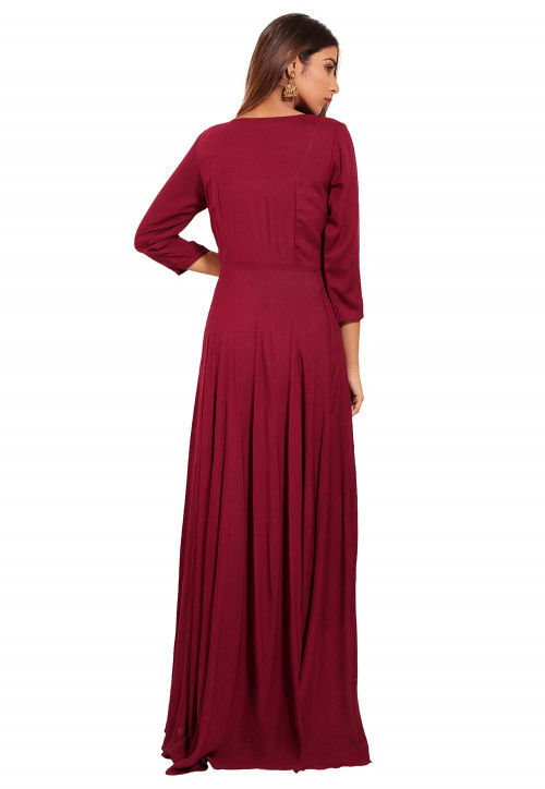 Embellished Rayon Abaya Style Suit in Maroon : KJN3516