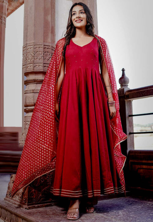 Embellished Rayon Anarkali Suit in Maroon