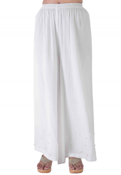 Embellished Rayon Palazzo in White