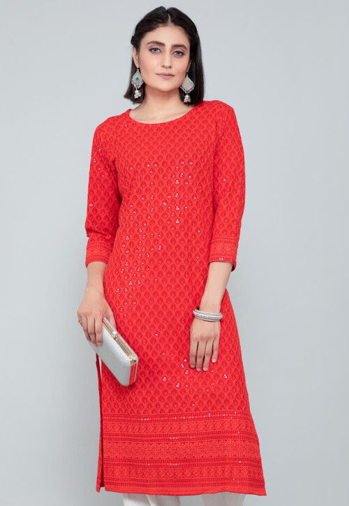 Embellished Rayon Straight Kurti in Red