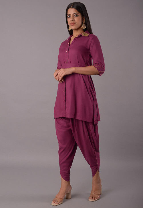 Embellished Rayon Tunic Set in Wine