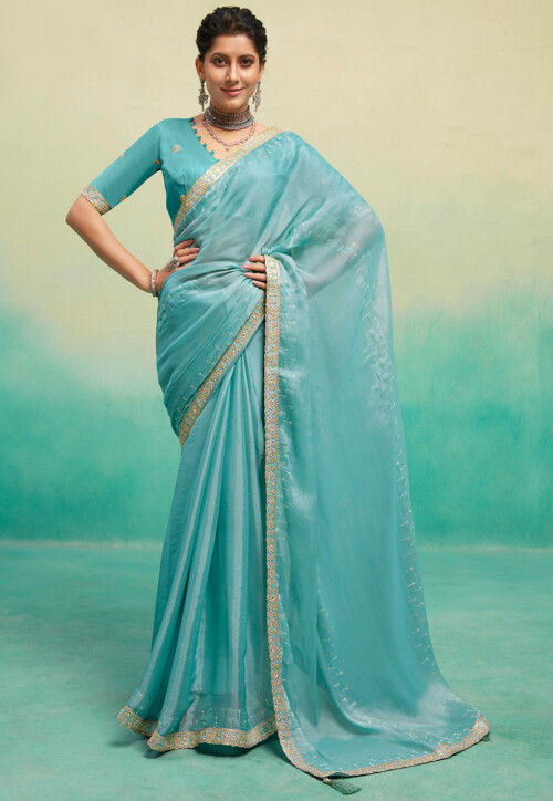 Embellished Satin Chiffon Saree in Sky Blue