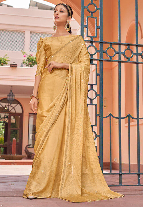 Embellished Satin Chiffon Saree in Yellow
