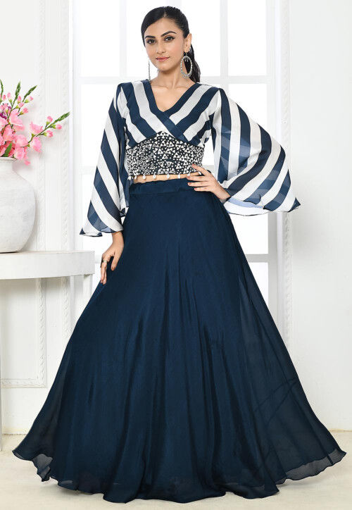 Buy Blue Skirt- Satin Organza Embellished Lehenga Saree With