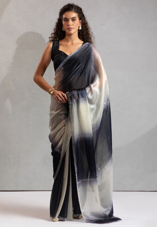 Embellished Satin Georgette Saree in Black and Off White