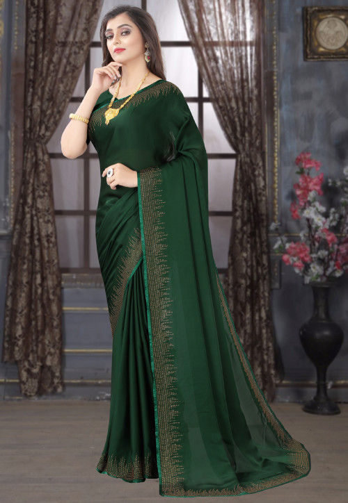 Embellished Satin Georgette Saree in Dark Green : SCBA2317