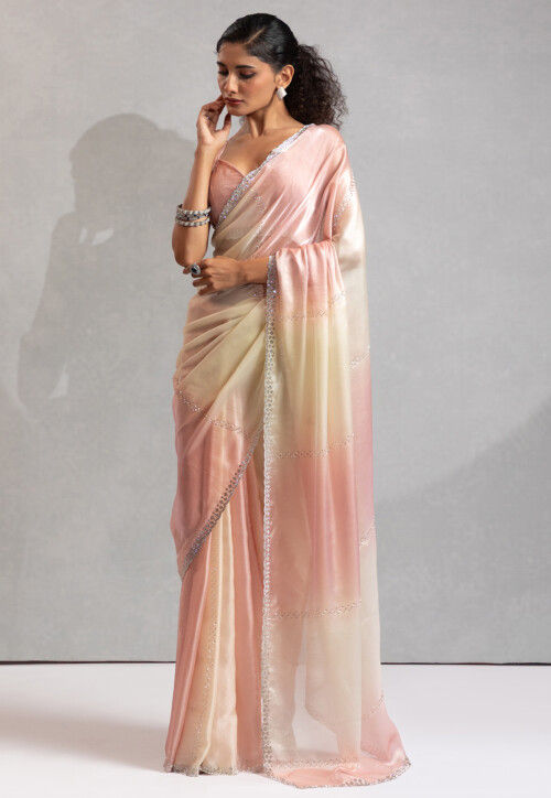 Embellished Satin Georgette Saree in Peach and Off White