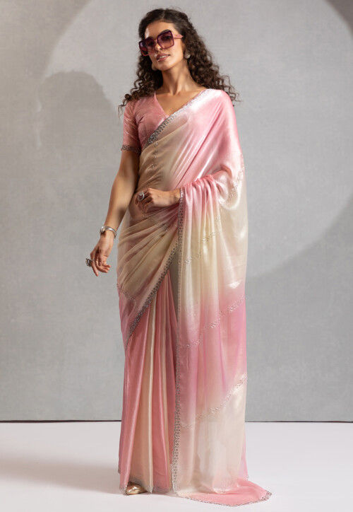 Embellished Satin Georgette Saree in Pink and Off White