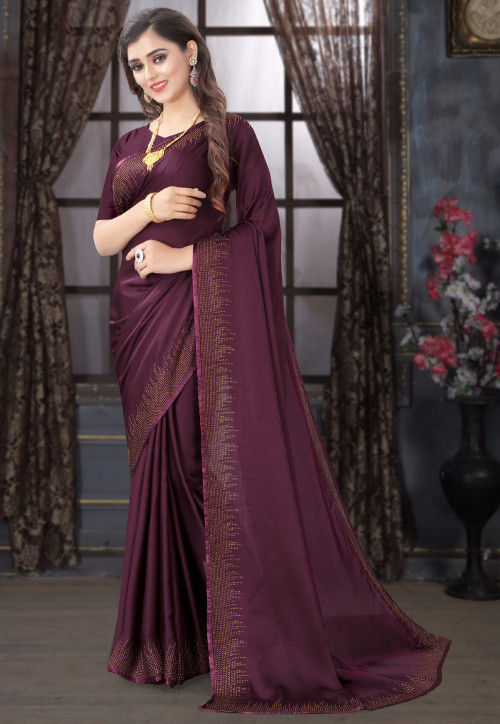 Wine Pink Gaji Silk Plain Saree Mirror work - Bandhani - Bandhani - Kutch