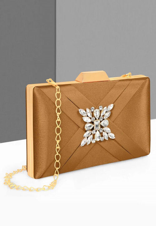 Buy Embellished Satin Rectangular Clutch with Detachable Chain