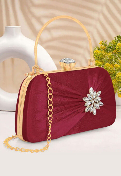 Buy Embellished Satin Rectangular Clutch with Detachable Chain