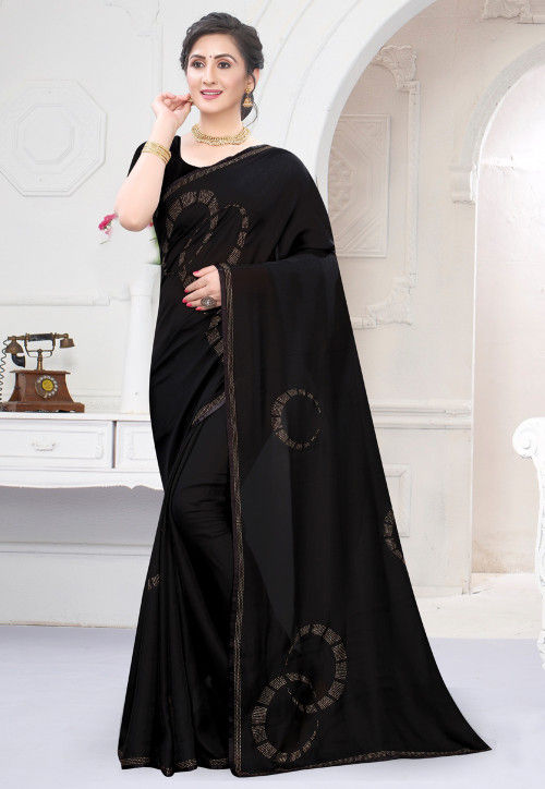 Embellished Satin Saree in Black : SCBA2121