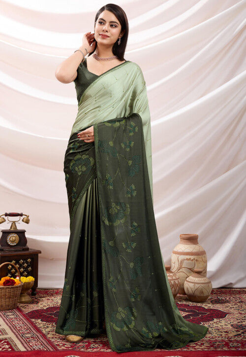 Embellished Satin Saree in Shaded Olive Green
