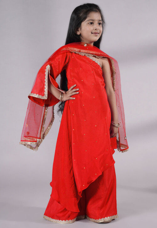 Embellished Shantoon Asymmetric Pakistani Suit in Red