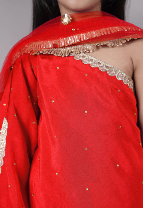 Embellished Shantoon Asymmetric Pakistani Suit in Red