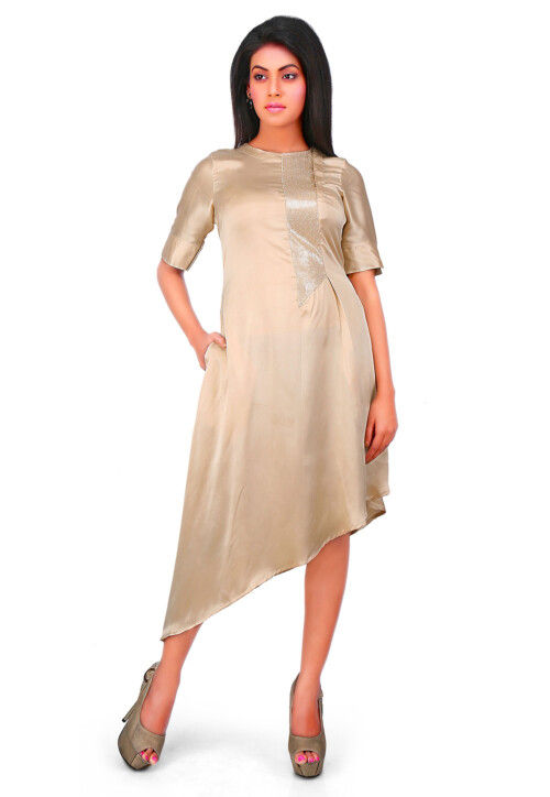 Embellished Side Placket Satin Asymmetric Dress in Beige