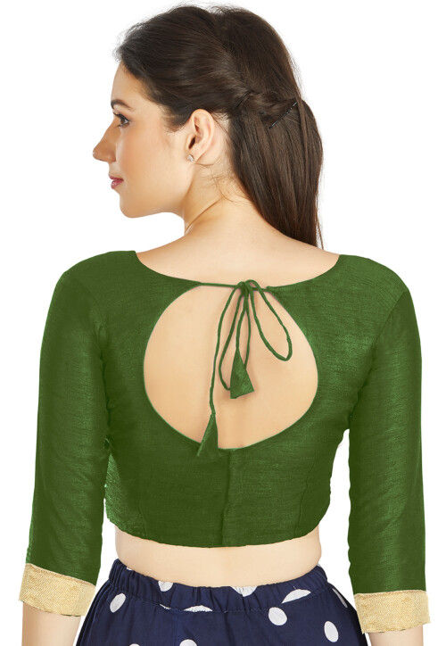 Embellished Sleeve Art Silk Blouse in Olive Green