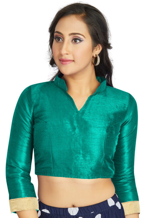 Embellished Sleeve Art Silk Blouse in Teal Green