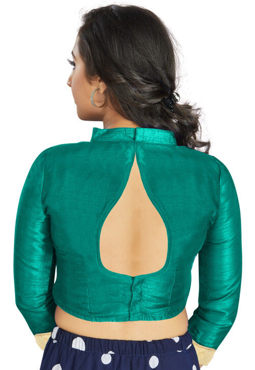 Embellished Sleeve Art Silk Blouse in Teal Green