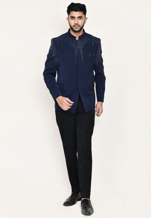 Embellished Terry Rayon Jodhpuri Suit in Navy Blue