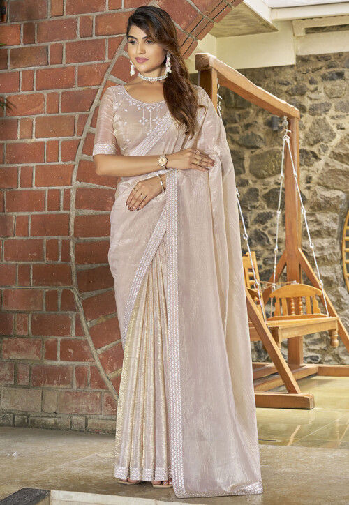 Embellished Tissue Saree in Beige