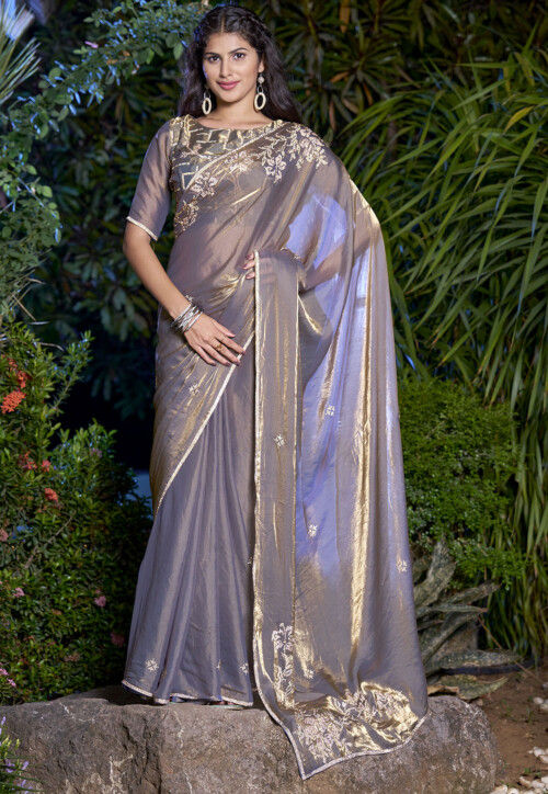 Embellished Tissue Saree in Grey