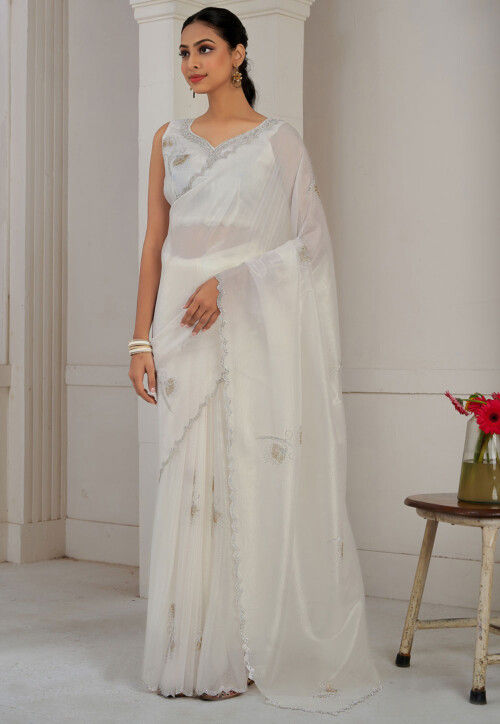Embellished Tissue Saree in Off White