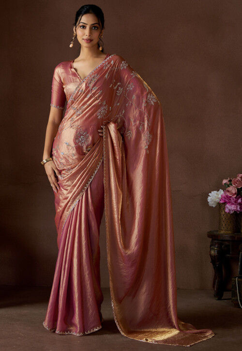 Embellished Tissue Saree in Pink