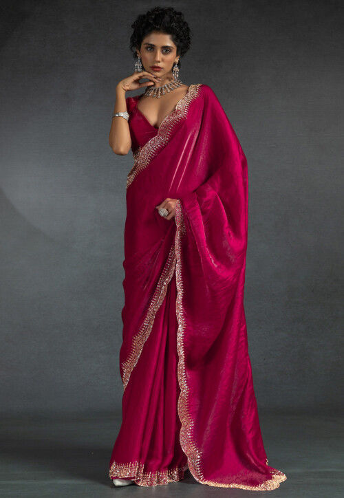 Embellished Tissue Scalloped Saree in Fuchsia