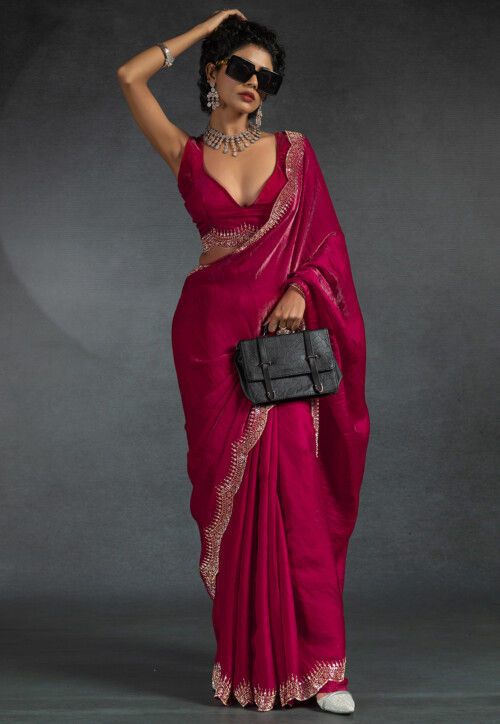 Embellished Tissue Scalloped Saree in Fuchsia