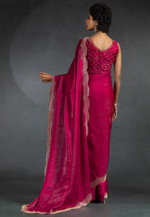 Embellished Tissue Scalloped Saree in Fuchsia