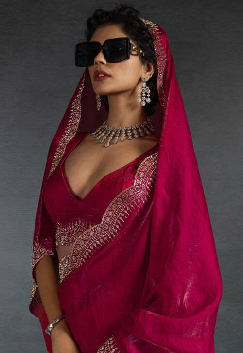 Embellished Tissue Scalloped Saree in Fuchsia