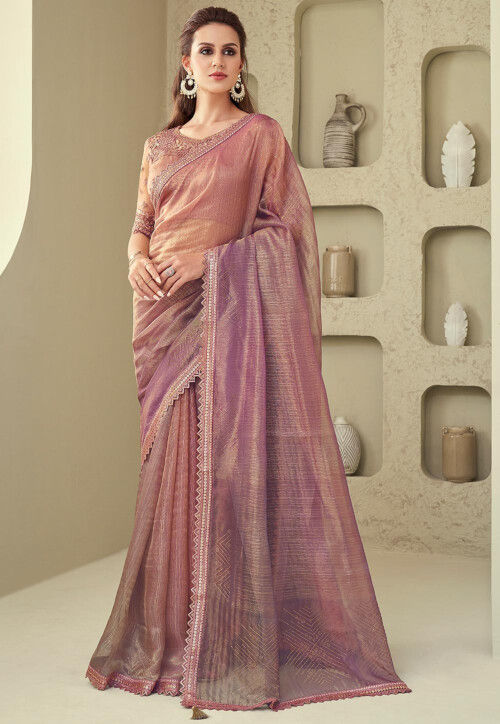 Embellished Tissue Shimmer Saree in Peach and Purple