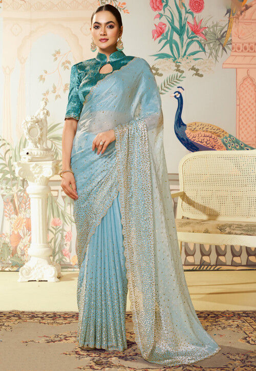 Embellished Tissue Shimmer Scalloped Saree in Sky Blue